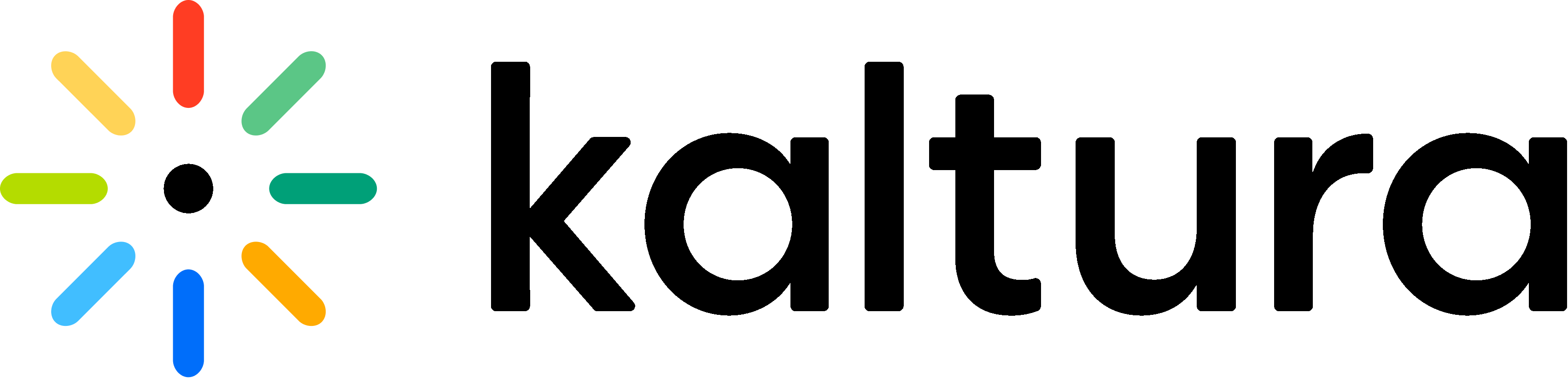 Logo of Kaltura, featuring a black, lowercase "kaltura" text next to a multicolored circular design with segments in red, yellow, blue, green, and light blue around a central black dot.