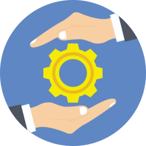 A pair of hands holding a gear wheel in a circle.