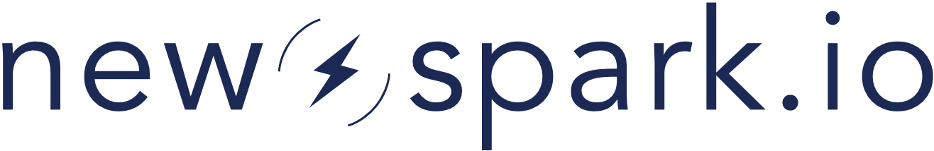 Logo of newspark.io featuring the word "new" in black and "spark.io" in blue with a stylized white spark icon between the words.