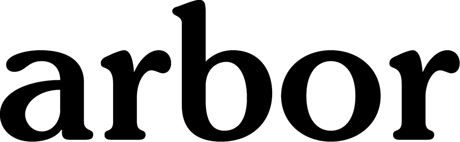 Black text on a transparent background spells "arbor" with the letter "b" stylized to resemble a tree trunk with a single branch.