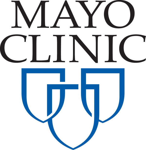 Mayo Clinic logo featuring three interconnected blue shields beneath its name in black capital letters.